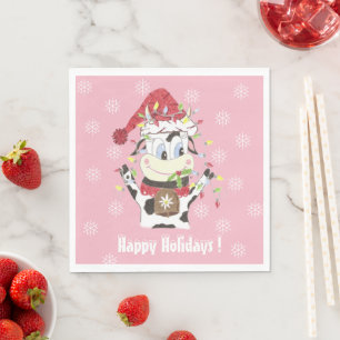 Doodle Kuh mit Weihnachtslicht Pink Paper Napkin Serviette