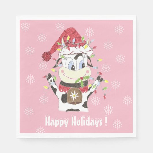 Doodle Kuh mit Weihnachtslicht Pink Paper Napkin Serviette (Vorderseite)