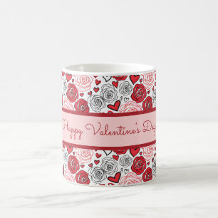 Doodle-Kunststil rote rosa Rosen Herzen Valentinst Kaffeetasse