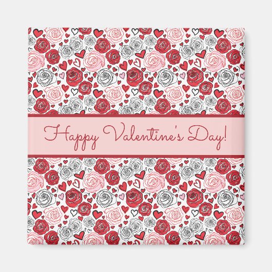 Doodle-Kunststil rote rosa Rosen Herzen Valentinst Magnet (Vorne)