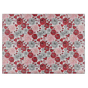 Doodle-Kunststil rote rosa Rosen Herzen Valentinst Schneidebrett