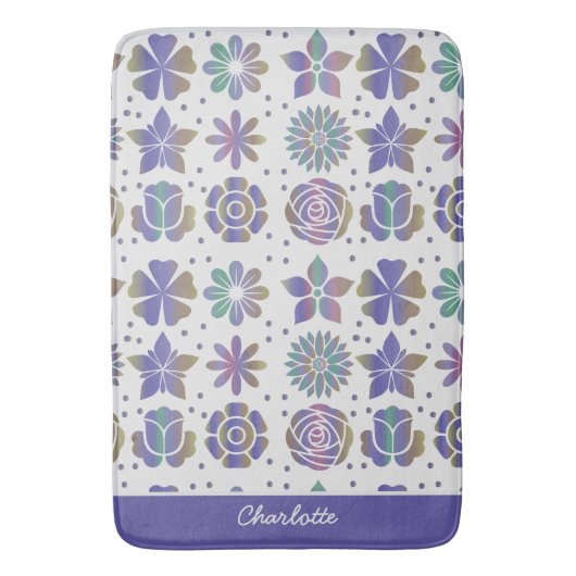Doodle lila Blumenmuster personalisierter Name Badematte (Vorderseite Vertikal)