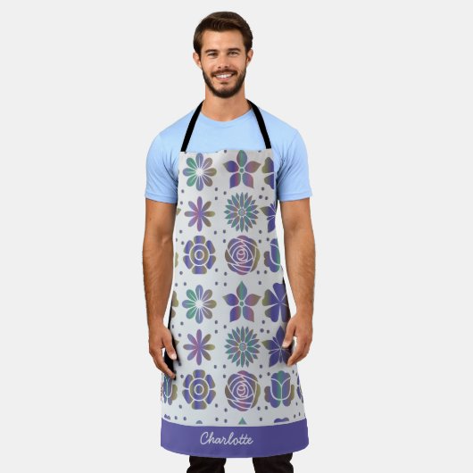 Doodle lila Blumenmuster personalisierter Name Schürze (Getragen)