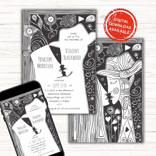 Doodle Line Art Couple Wedding Einladung