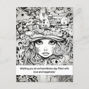 Doodle Mädchen Gesicht Inspiration Schwarzweiß Mäd Postkarte