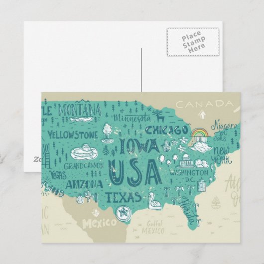 Doodle Map USA Postkarte (Vorne/Hinten)