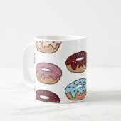 Doodle mehrfarbiger Donuts Hintergrund. Kaffeetasse (Vorderseite Links)