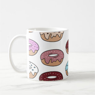 Doodle mehrfarbiger Donuts Hintergrund. Kaffeetasse