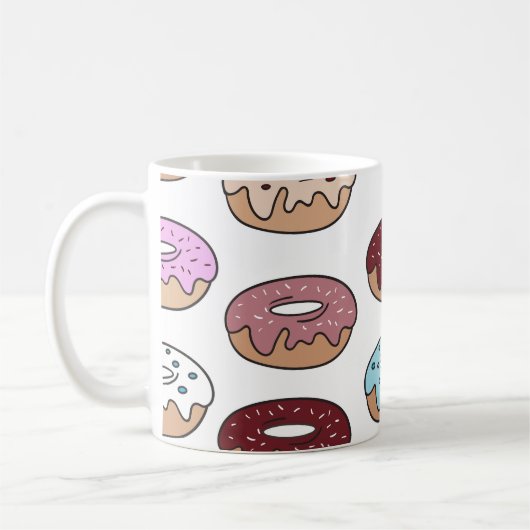 Doodle mehrfarbiger Donuts Hintergrund. Kaffeetasse (Links)