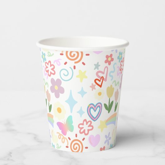 Doodle-Muster pastellfarben Pappbecher (Rückseite)