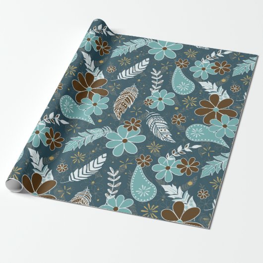 Doodle Paisfieder feathers Blume boho Muster aquam Geschenkpapier (Ungerollt)