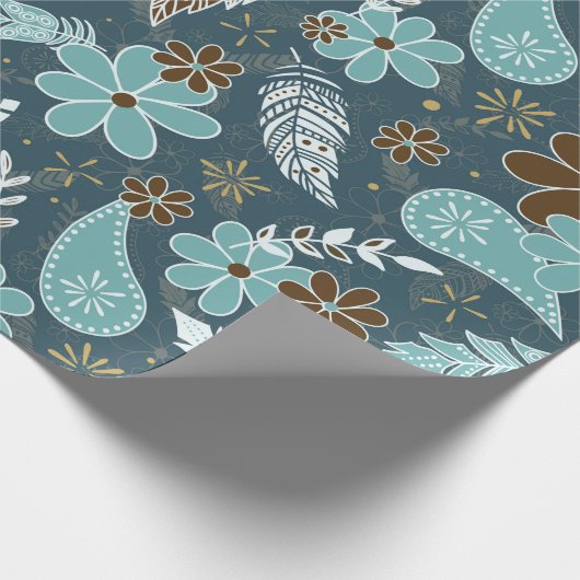 Doodle Paisfieder feathers Blume boho Muster aquam Geschenkpapier (Ecke)