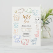 Doodle Party Tiere 1. Geburtstag Einladung (Stehend Vorderseite)