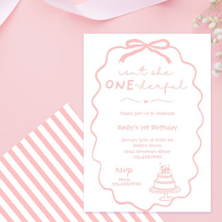 Doodle Pink Bow Baby Girl 1. Geburtstag Coquette Einladung