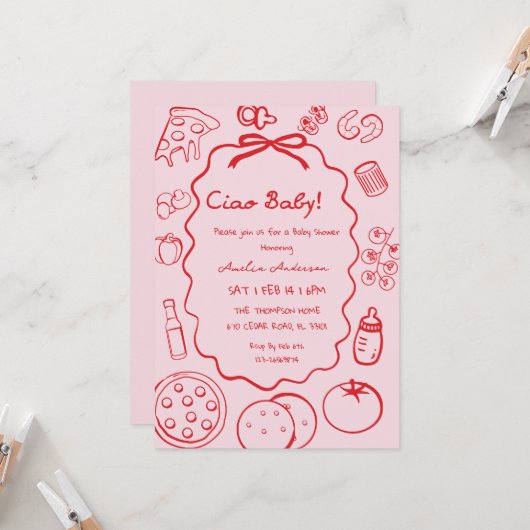 doodle Pizza Italian Ciao Baby Shower Invitation Einladung (Vorderseite/Rückseite Beispiel)