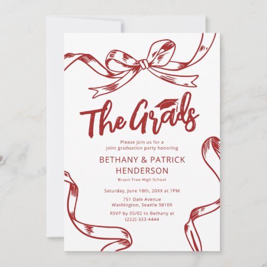 Doodle Red Bow Joint Graduation Party Einladung (Vorderseite)