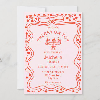 Doodle Red Pink Bow Cherry auf Top Girl Geburtstag Einladung
