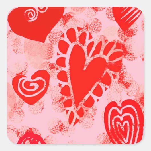 Doodle Red Valentine Heart Square Stickers (Vorderseite)