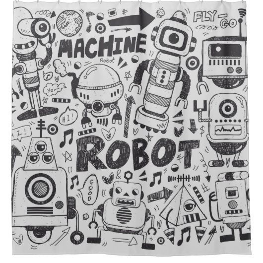 Doodle Robot Illustrator Zeichnend Duschvorhang (Vorderseite)