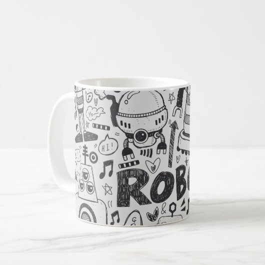 Doodle Robot Illustrator Zeichnend Kaffeetasse (Vorderseite Links)