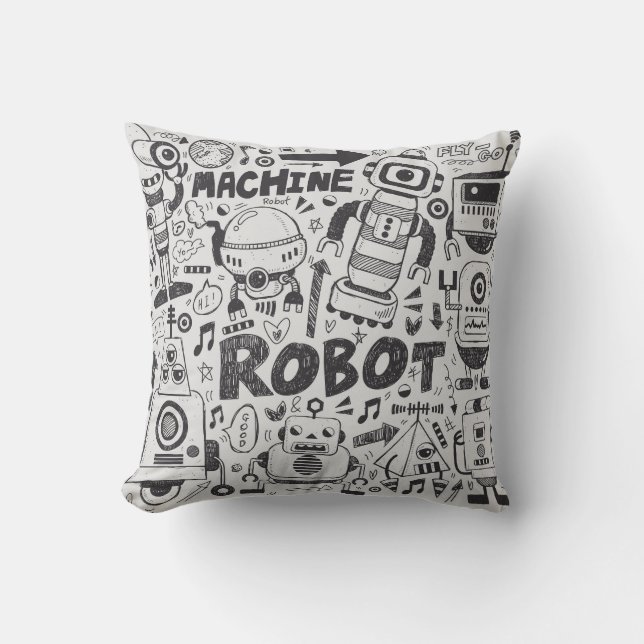 Doodle Robot Illustrator Zeichnend Kissen (Vorderseite)
