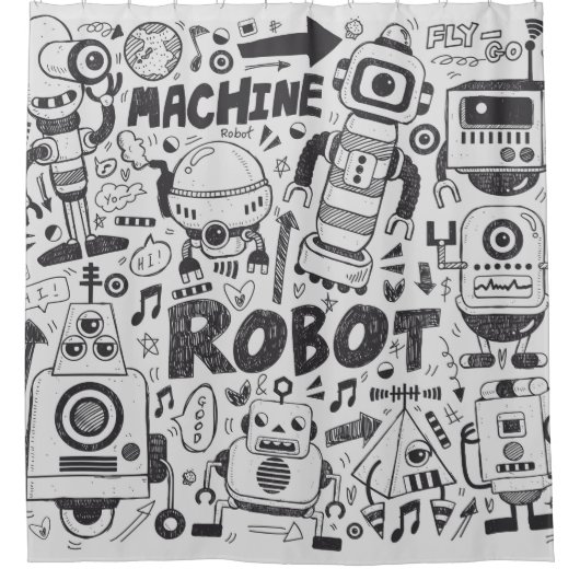 Doodle-Roboter-Element, Illustrator-Linie Werkzeug Duschvorhang (Vorderseite)