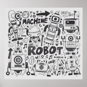 Doodle-Roboter-Element, Illustrator-Linie Werkzeug Poster