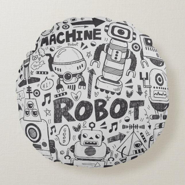 Doodle-Roboter-Element, Illustrator-Linie Werkzeug Rundes Kissen (Vorderseite)