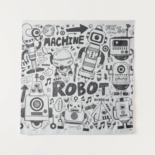Doodle-Roboter-Element, Illustrator-Linie Werkzeug Wandteppich (Vorderseite)