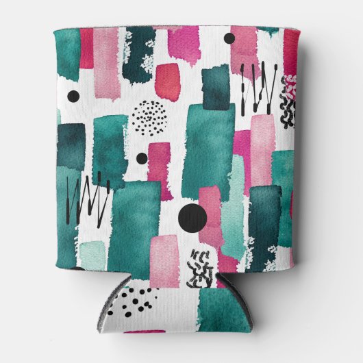 Doodle rosa und grüne Aquarelllinien. Dosenkühler (Vorderseite)