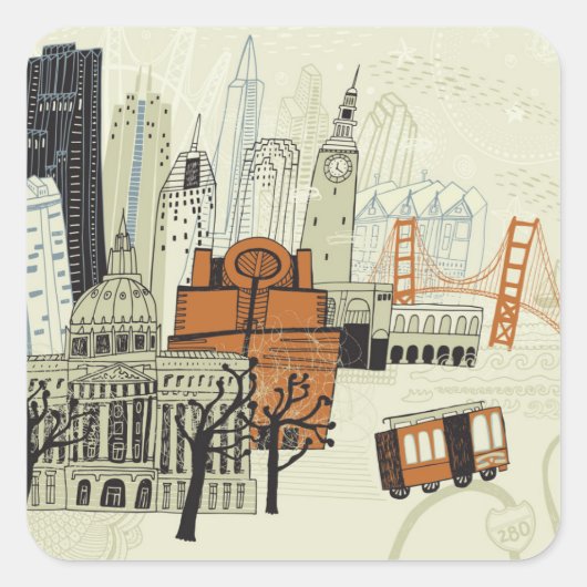 Doodle San Francisco Scene Quadratischer Aufkleber (Vorderseite)