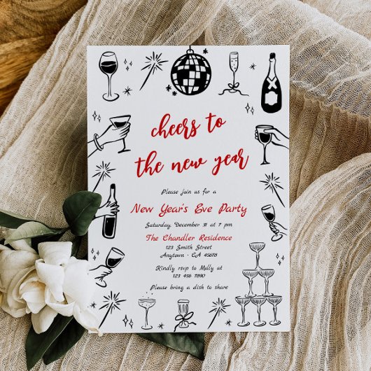 Doodle Silvester Party Einladung sonderbar rot