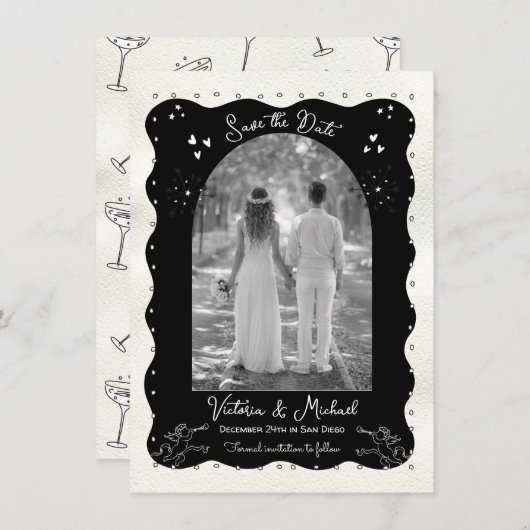 Doodle Sketch Cherub Funky Save the Date Arch Einladung (Vorne/Hinten)
