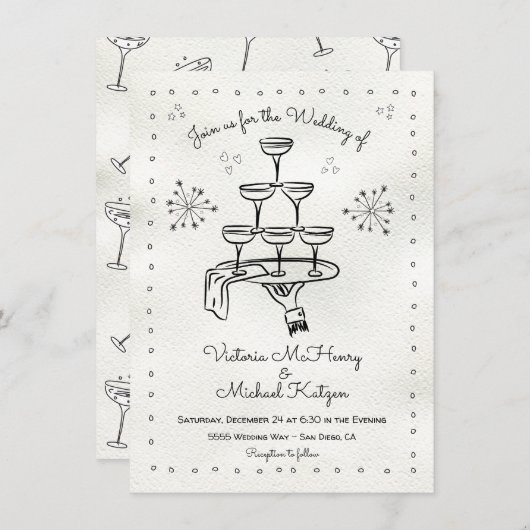 Doodle Sketch Funky Champagne Wedding Einladung (Vorne/Hinten)
