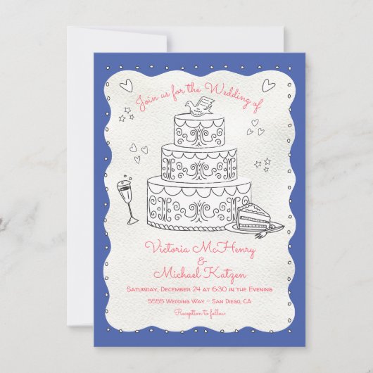 Doodle Sketch Funky Wavy Edge Wedding Cake Einladung (Vorderseite)