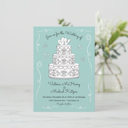 Doodle Sketch Funky Wedding Cake Einladung (Stehend Vorderseite)