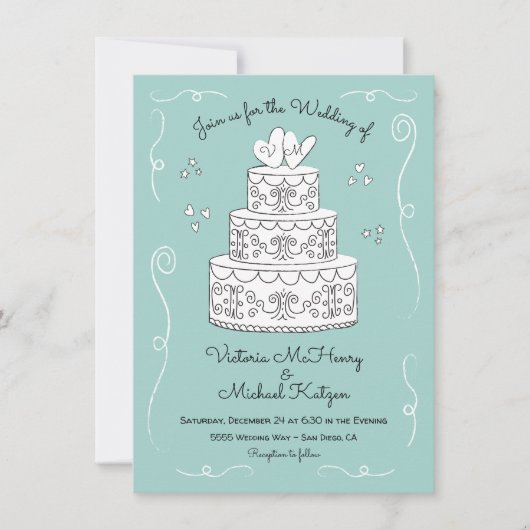 Doodle Sketch Funky Wedding Cake Einladung (Vorderseite)