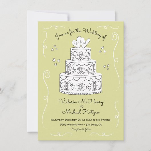 Doodle Sketch Funky Wedding Cake Einladung (Vorderseite)