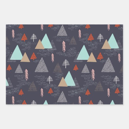 Doodle Sketch Skandi Weihnachtsbaumen Set von 3 Geschenkpapier Set (Vorderseite 3)