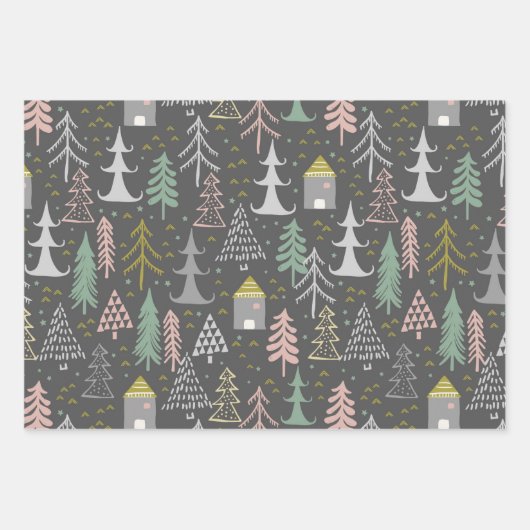 Doodle Sketch Skandi Weihnachtsbaumen Set von 3 Geschenkpapier Set (Vorderseite 2)