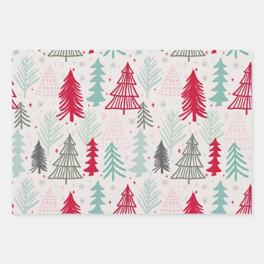Doodle Sketch Skandi Weihnachtsbaumen Set von 3 Geschenkpapier Set (Vorderseite)