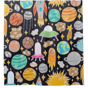 Doodle Space: HandGezeichnet Vintager Kosmos. Duschvorhang