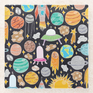 Doodle Space: HandGezeichnet Vintager Kosmos. Glasuntersetzer