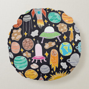 Doodle Space: HandGezeichnet Vintager Kosmos. Rundes Kissen