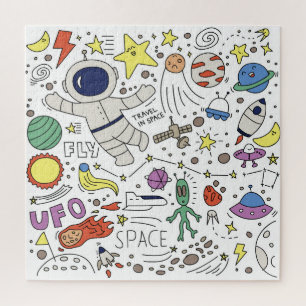 Doodle-Stil, Raum-Thema-Abbildung. Puzzle
