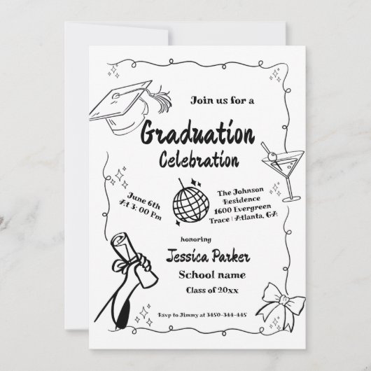 Doodle Style Handgezeichneter Abschluss Einladung (Vorderseite)