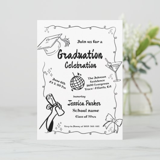 Doodle Style Handgezeichneter Abschluss Einladung (Stehend Vorderseite)