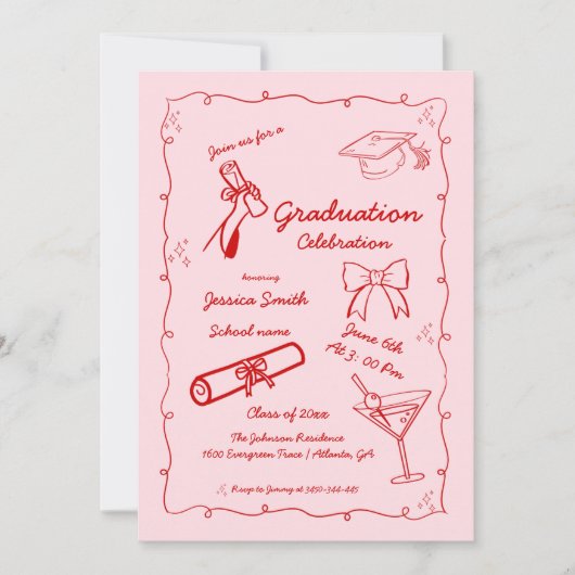 Doodle Style Handgezeichneter Abschluss Einladung (Vorderseite)