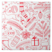 Doodle Weihnachtsmuster rot Fliese (Vorderseite)