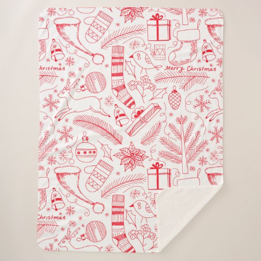 Doodle Weihnachtsmuster rot Sherpadecke (Vorderseite)